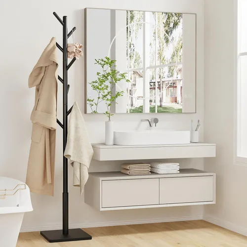 Vista 3 de Perchero de pie con base cuadrada estable para ropa, sombreros, usado en dormitorio, oficina y entrada, árbol para abrigos resistente y de fácil