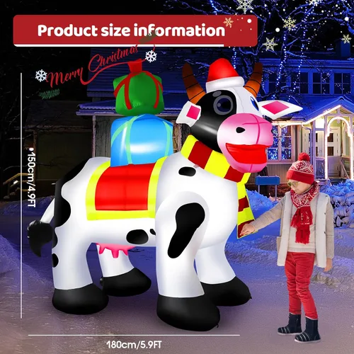 Vista 7 de Decoraciones inflables de Navidad de vaca lechera para exteriores de 6 pies con luces LED integradas, infla para patio, techo, césped