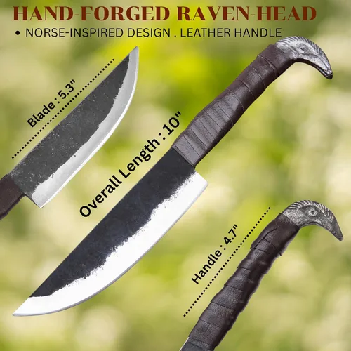 Vista 2 de LEONA CRAFT® Cuchillo de caza fijo hecho a mano Cuchillo vikingo nórdico de cabeza de cuervo Odin's con funda de cuero, hoja de acero al carbono