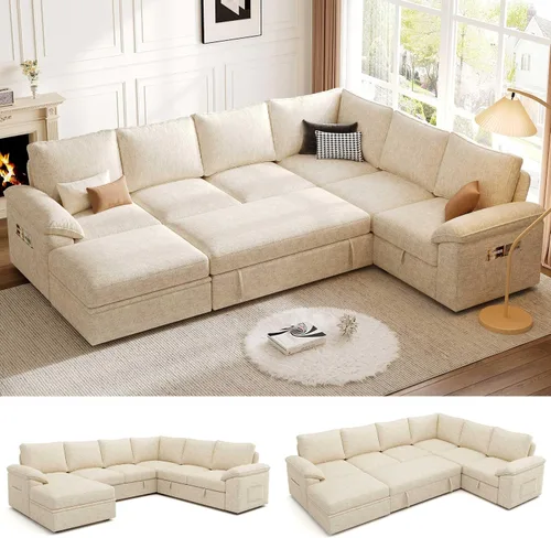 Vista 28 de Sofá Seccional Modular de 85 Pulgadas con Cama Extraíble, Sofá Cama Seccional en Forma de L de 5 Asientos con Almacenamiento, Sofás Seccionales