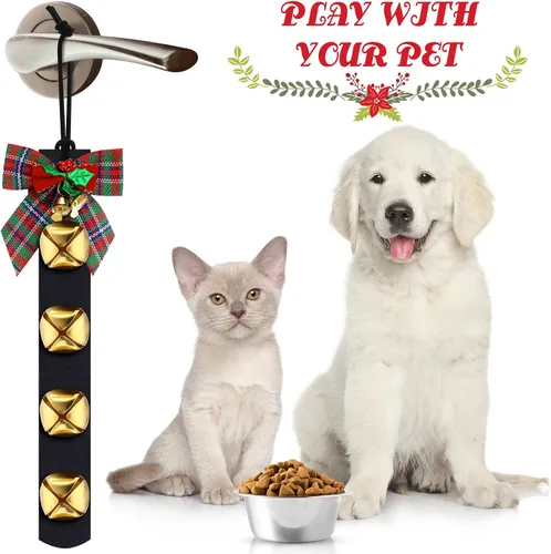 Vista 3 de Hungdao 4 campanas de Navidad para perilla de puerta, timbres de puerta de perro de Navidad con lazo, campana de bienvenida para decoración
