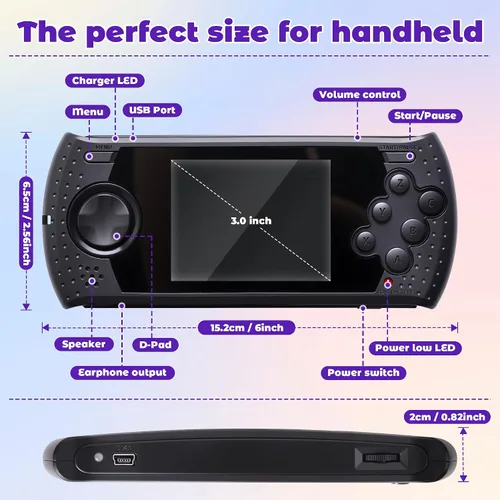 Vista 7 de Consola de Juegos Portátil de 16 Bits para Niños con 230 Videojuegos Clásicos Retro HD Incorporados, Recargable por USB, Pantalla de 3.0 Pulgadas