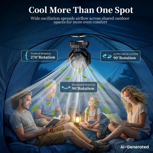 Vista 3 de AJVV Ventilador de camping con luz, control remoto y oscilación, ventilador colgante de tienda de campaña a batería, recargable portátil