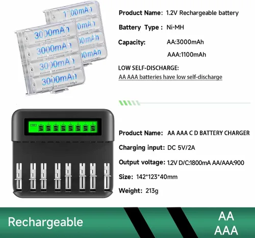 Vista 7 de Batería recargable con cargador universal para baterías recargables Ni-MH AA AAA C D, 4 pilas AA y 4 pilas AAA de baja autodescarga NiMH