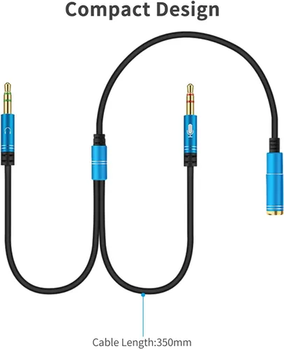 Vista 3 de Divisor de auriculares para computadora de 0.138 in hembra a 2 auriculares dobles de 0.138 in macho micrófono de audio y cable divisor en Y, Negro
