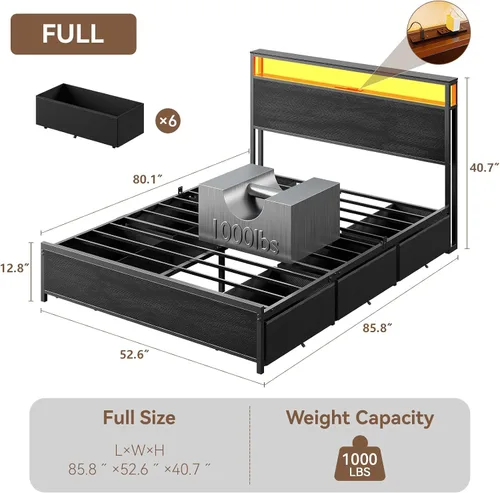 Vista 2 de Forestell Full Size Bed Frame with Storage Headboard & 6 Drawers, Metal Platform Bed Frame with LED Lights & Charging Station, 2 Tier Shelf Storage