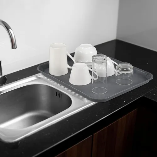 Vista 6 de Readsky 6 paquetes de bandejas de plástico para servir, bandejas de plástico de comida rápida de 17.2 x 13.4 pulgadas, bandeja rectangular gris