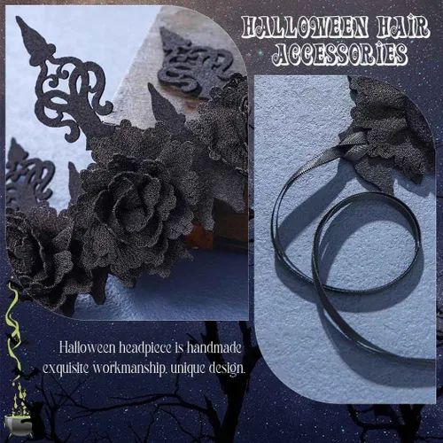Vista 5 de BARTOSI Diadema de Halloween, tocado gótico floral, diadema de flores de rosas negras, disfraz de Halloween, cosplay, fiesta, festival, accesorios