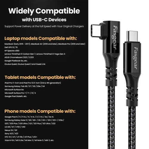 Vista 7 de Fasgear Cable USB C a tipo C 3.2 Gen 2x2 de 3 pies, carga de 20 Gbps 100 W, cable USB-C trenzado de video 4K de 90 grados, compatible con MacBook