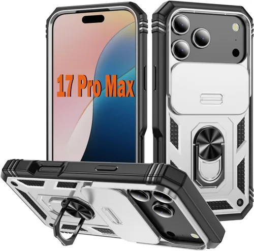 Vista 17 de PASNEW Funda militar para iPhone 13 Pro Max, cubierta de cámara deslizante y soporte de anillo de metal de 360°, carcasa rígida multicapa resistente