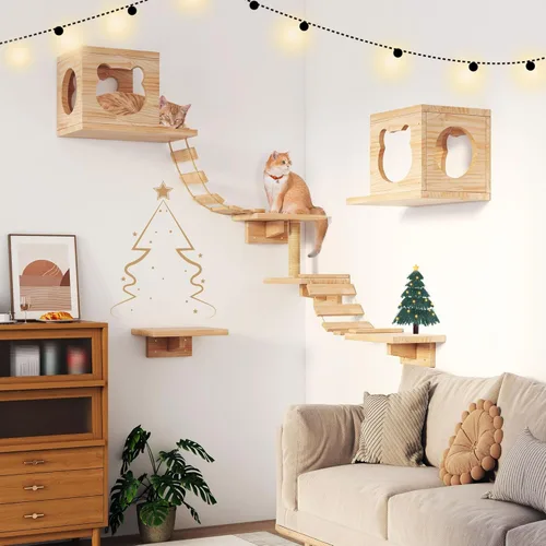 Vista 5 de PETKABOO - Muebles de pared para gatos, muebles de pared de pino para gatos, estantes de escalada con escalador, condominio, poste rascador
