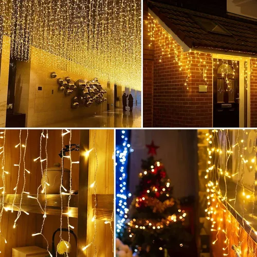 Vista 3 de Guirnalda de luces LED de carámbano de 32.8 pies, 8 modos, impermeable, luces de Navidad para exteriores con función de memoria, cortina de luces