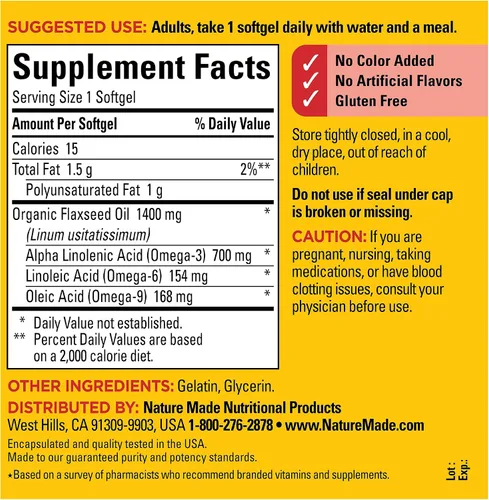 Vista 5 de Nature Made Aceite de linaza extra fuerte de 1400 mg, suplemento dietético para apoyo a la salud cardíaca, 100 cápsulas blandas, suministro de 100