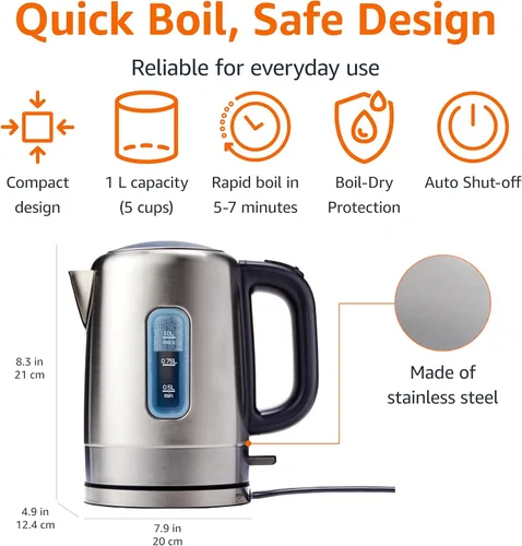 Vista 2 de Amazon Basics Hervidor eléctrico de acero inoxidable para té y café, sin BPA, de ebullición rápida, apagado automático, 1 litro, 1500 W, negro