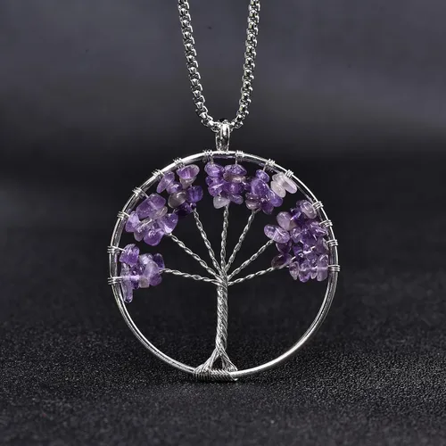 Vista 2 de ZPMMPZ Collar de árbol de la vida, cristales curativos naturales, amatista, 7 chakras, piedras preciosas, regalo familiar para mujeres y niñas
