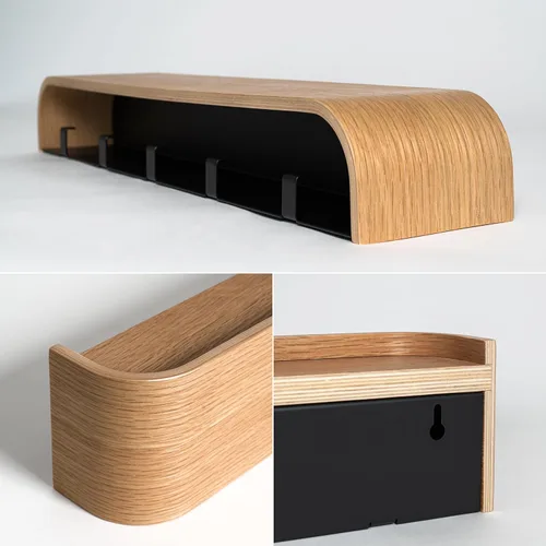 Vista 4 de Kazai. Perchero de pared 'Toke' - Perchero de diseño moderno con ganchos de pared ocultos - Perchero de panel de chapa de madera maciza - Roble