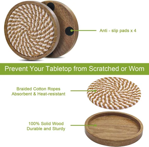 Vista 4 de Eykao Paquete de 5 posavasos absorbentes para bebidas, posavasos tejidos de 4.3 pulgadas para mesas de café, posavasos de madera para protección