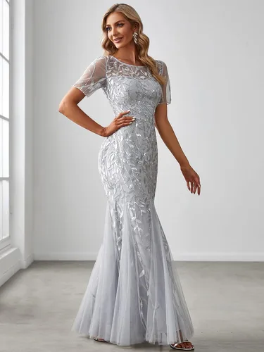Vista 3 de Ever-Pretty - Vestido de noche elegante de sirena con bordado de lentejuelas, manga corta, escote ilusión para mujer, 07707-USA