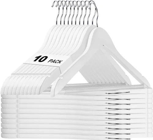 Vista 18 de HOUSE DAY - Paquete de 10 perchas de madera negra, percha de madera maciza con barra antideslizante para pantalones, percha de abrigo de madera Negro