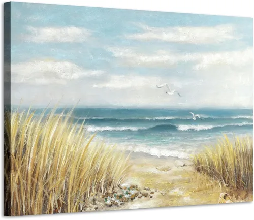Vista 15 de Lienzo decorativo para pared, camino de playa: camino de arena con pintura de valla a la costa, impresiones artísticas para baño