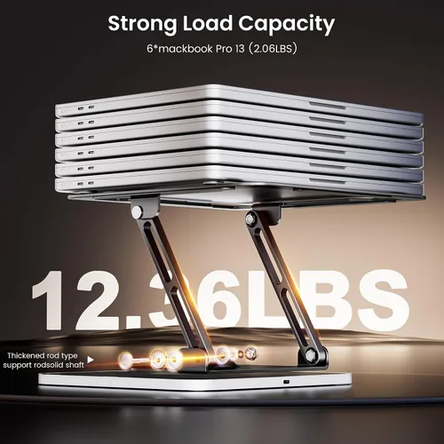 Vista 4 de Soporte para portátil RGB para escritorio, base giratoria de 360°, elevador ergonómico para laptop, soporte de aluminio ajustable en altura