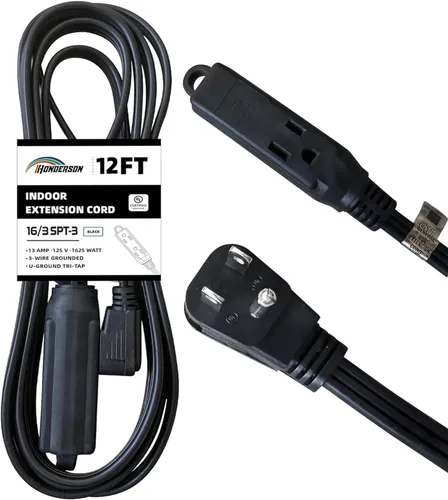 Vista 19 de Cable de extensión de enchufe plano de 3 tomas, certificado UL, cable de extensión para interiores de 16 calibre 1 pie negro de 3 puntas, tira