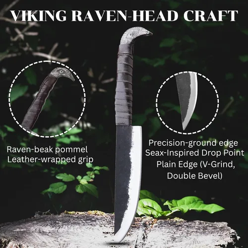 Vista 3 de LEONA CRAFT® Cuchillo de caza fijo hecho a mano Cuchillo vikingo nórdico de cabeza de cuervo Odin's con funda de cuero, hoja de acero al carbono