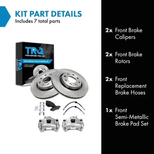 Vista 2 de TRQ Kit de pastillas de freno delantero y rotor, pinza de freno, manguera de freno, pastillas de freno, rotor de freno semimetálico, compatible
