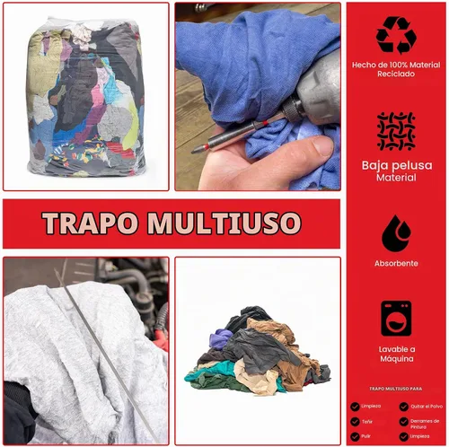 Vista 2 de Buffalo Industries (10085PB) Trapos de tela de camiseta multicolor reciclados, bolsa de 50 lb., trapo multiusos para limpieza, derrames de pintura