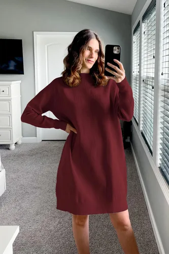 Vista 3 de Arach&Cloz Vestido de suéter de moda de otoño para mujer, de gran tamaño, cuello redondo, manga larga, suéter de punto, ropa de invierno