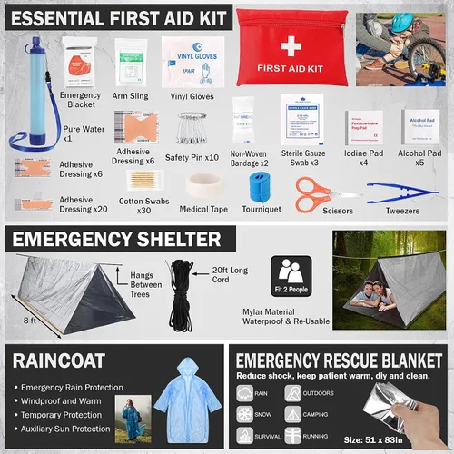Vista 7 de Regalos para hombres Kit de supervivencia de Navidad, equipo de supervivencia y suministros 258 PIEZAS con filtro de agua, tienda de emergencia