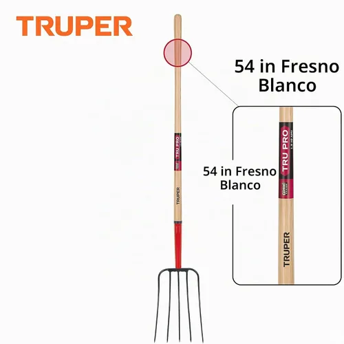 Vista 4 de Truper Tru Pro - Tenedor de estiércol de 5 dientes, mango de madera de fresno blanco prémium de 54 pulgadas, cabeza de acero forjado, herramienta