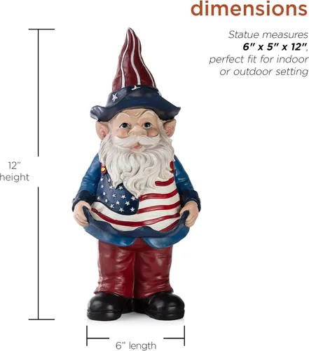 Vista 3 de Alpine Corporation Gnomo de jardín americano para exteriores de 12 pulgadas de alto con comedero para pájaros y decoración de estatua de patio