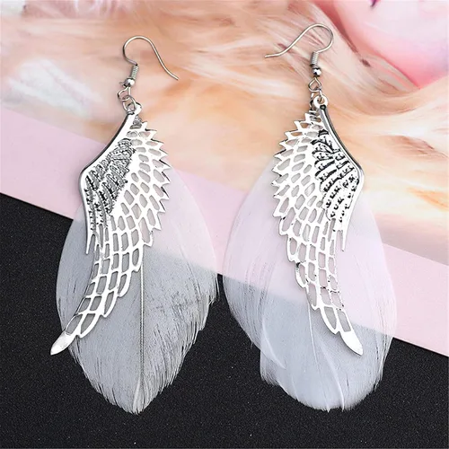 Vista 7 de ONLYJUMP Pendientes de alas de ángel con diseño de plumas para mujeres y niñas chapados en plata estilo bohemio con alas de hada ligeros colgantes