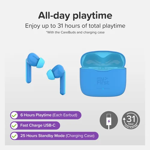 Vista 7 de myFirst Carebuds Auriculares para Niños - Auriculares Inalámbricos Bluetooth Verdaderos con Límite de Volumen de 85db, Micrófono, Estuche de Carga