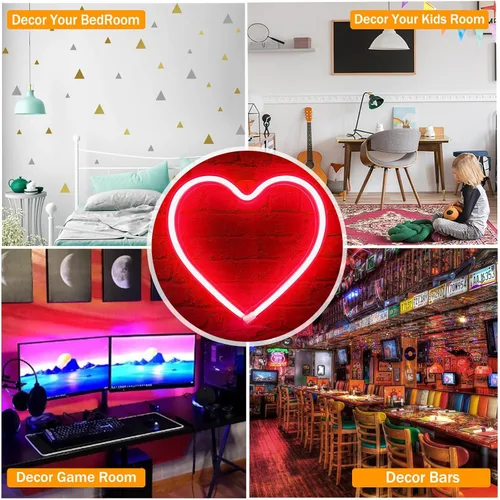 Vista 7 de Letrero de corazón de neón, luz LED roja para dormitorio, lámpara colgante para decoración de pared, funciona con USB
