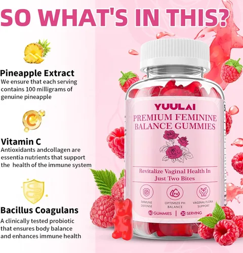 Vista 5 de Gomitas de equilibrio femenino premium, gomitas femeninas de piña hawaiana para mujeres, equilibrio de pH y salud vaginal, veganas, 60 gomitas