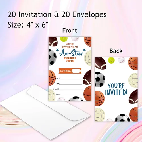 Vista 2 de All Star - Tarjetas de invitaciones para fiestas de cumpleaños, suministros para fiestas deportivas para niños, niños o niñas, 20 invitaciones