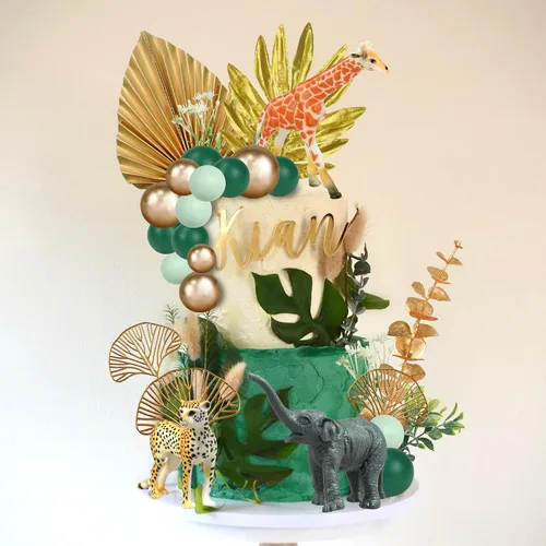 Vista 4 de 26 piezas de decoración de pasteles de animales de la selva, figuras de animales de safari, palmeras doradas, selva salvaje, animales salvajes