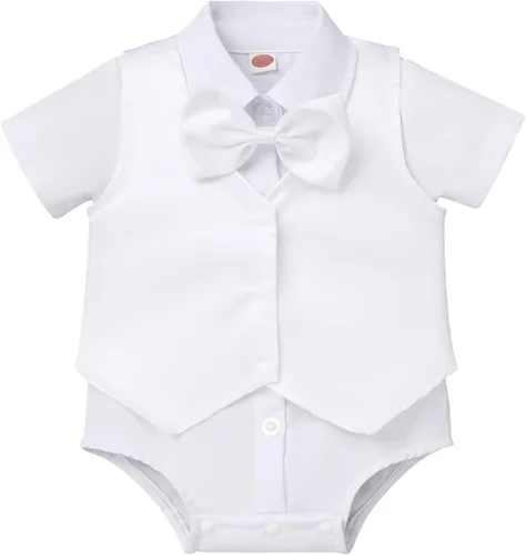 Vista 2 de IBTOM CASTLE Traje de bautizo para bebé, traje formal con corbatín, chaleco, pantalones cortos, esmoquin de boda, conjunto de caballero