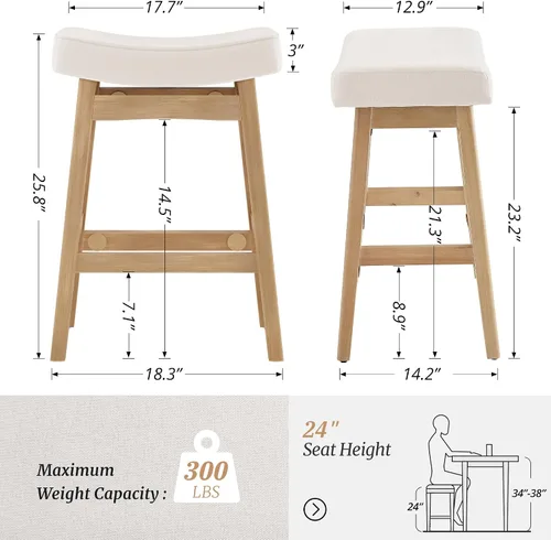 Vista 2 de Cozyman Juego de 3 Taburetes de Bar, Taburetes de Bar con Patas de Madera Resistentes, Taburetes de Bar de Altura de Mostrador con Asiento Tipo Beige