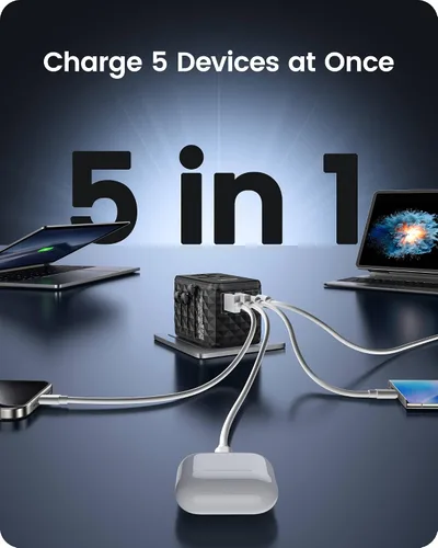 Vista 7 de LENCENT Adaptador de viaje universal de 65 W, cargador rápido internacional de GaN 2 USB-A y 2 convertidores de enchufe de alimentación USB-C