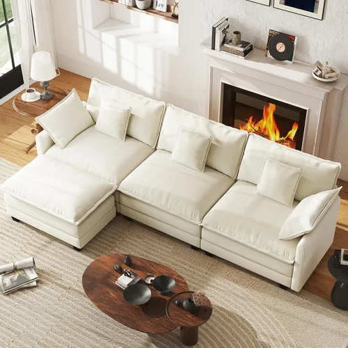 Vista 17 de Sofá de nube en forma de L de 77 pulgadas, sofá modular con otomana, cómodo sofá biplaza de felpilla con almohada para sala de estar, dormitorio