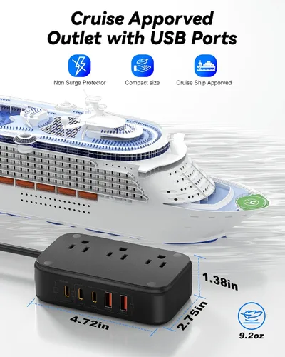 Vista 4 de Regleta de alimentación de viaje PD20W - 3AC y 5 USB (3 USB C), cable de extensión de 5 pies 8-in-1 Power Strip with USB C Port for Home, Portable