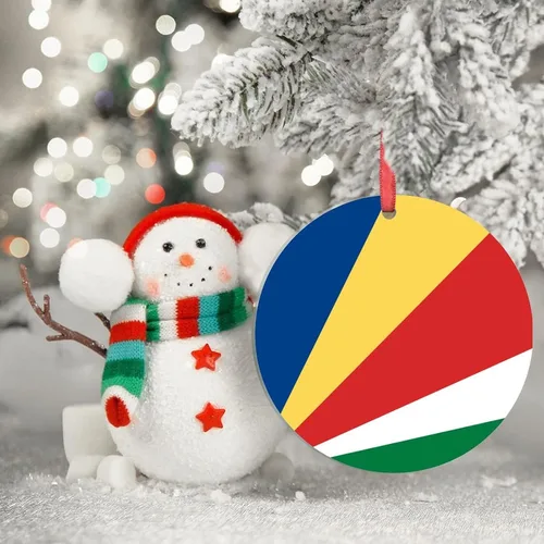 Vista 2 de Adorno de bandera de Seychelles para decoración de árbol de Navidad, recuerdo de la ciudad del país de Seychelles, adornos de Navidad personalizados