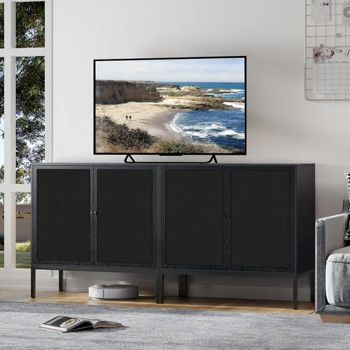 Vista 6 de Brafab Aparador negro con puertas decoradas de ratán natural, 31.5 pulgadas de ancho, armario de almacenamiento de ratán Credenza, gabinete bohemio