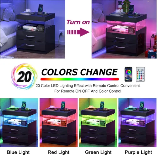 Vista 4 de WelFurGeer Mesita de noche de alto brillo, mesita de noche LED negra con estación de carga, mesita de noche con cajones, mesitas de noche modernas
