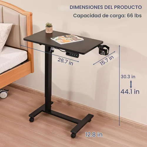 Vista 3 de Mesa eléctrica para colocar sobre la cama con ruedas, altura ajustable, mesa auxiliar reclinable, en forma de C, pequeño escritorio para computadora