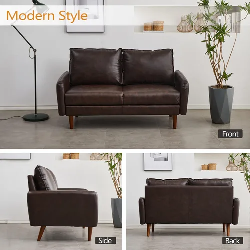 Vista 4 de INSTORY Sofá de dos plazas de cuero moderno Sofá cómodo con patas de madera para sala de estar, oficina - marrón