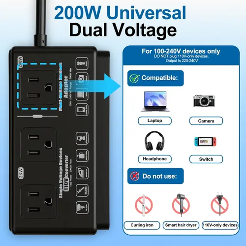 Vista 4 de 220v to 110v Travel Voltage Converter: International Universal Voltage Black Converter US to Europe Power Strip Plug Transformer - 2000W Electric